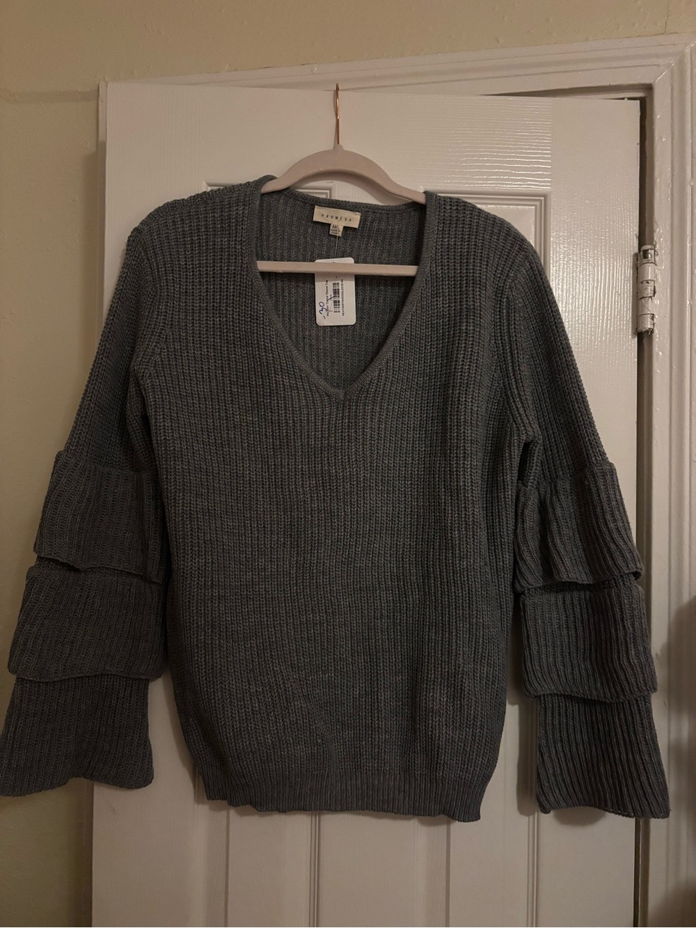 Promesa Grey Tiered Ruffle Sleeve V-Neck Sweater